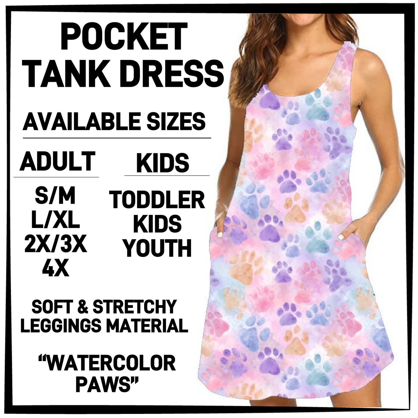 TK6D - Watercolor Paws Tank Dress with Side Pockets - Preorder Closing 3/12 ETA: Late May