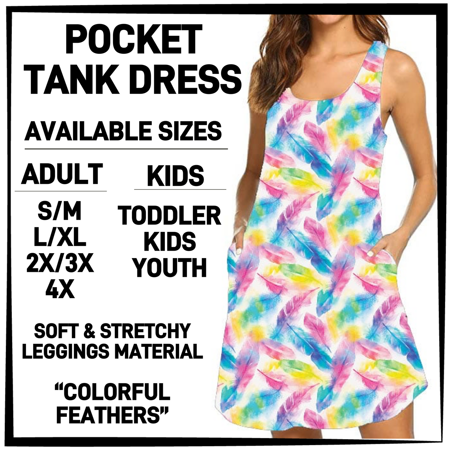 TK6D - Colorful Feathers Tank Dress with Side Pockets - Preorder Closing 3/12 ETA: Late May