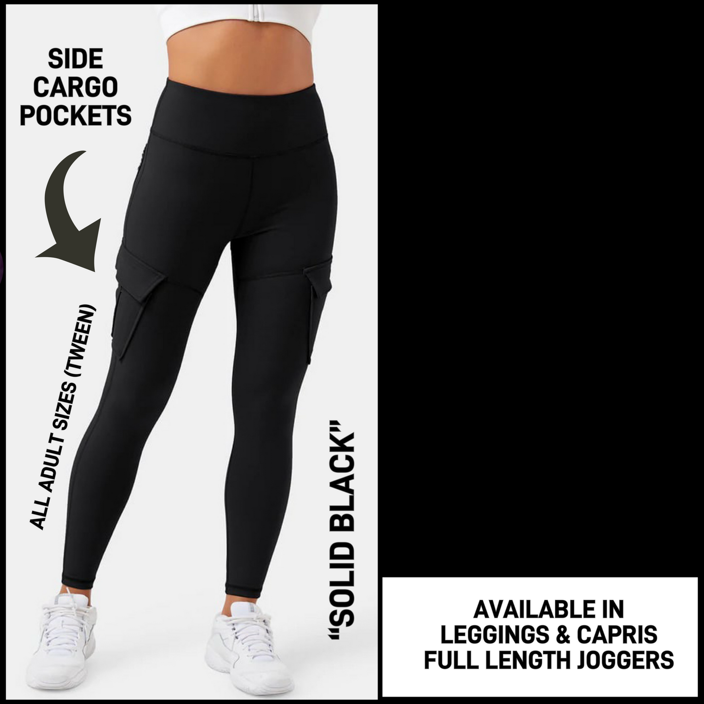 CR2G - Solid Black Capris/Leggings/Unisex Joggers with Cargo Pockets - Preorder Closing 8/23 ETA: Mid-Oct