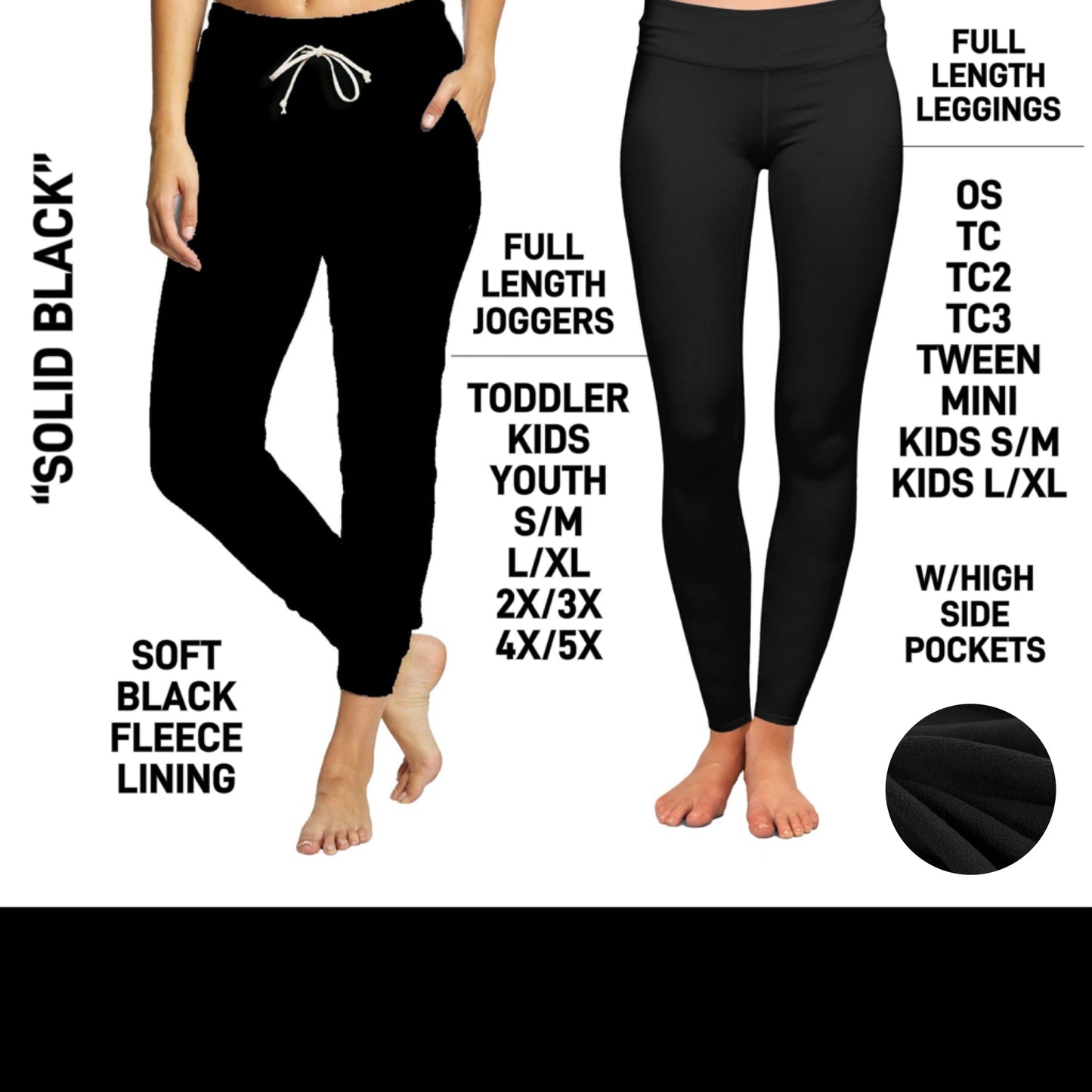 FL6C - Solid Black Fleece-Lined Leggings/Unisex Joggers - Preorder Closing 9/8 ETA: Early Dec