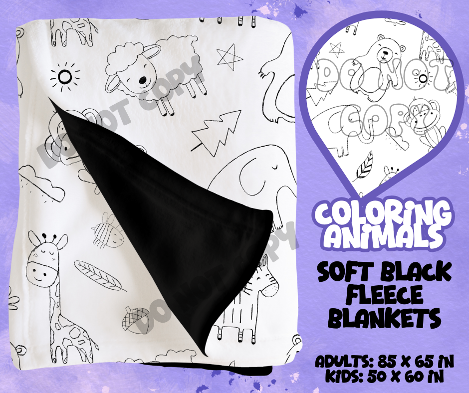 COLORING ANIMALS - SOFT BLACK FLEECE THROWS RUN 12-PREORDER CLOSING 9/22