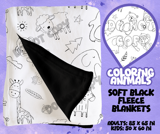 COLORING ANIMALS - SOFT BLACK FLEECE THROWS RUN 12-PREORDER CLOSING 9/22