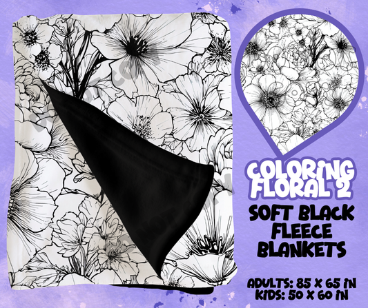 COLORING FLORAL 2 - SOFT BLACK FLEECE THROWS RUN 12-PREORDER CLOSING 9/22