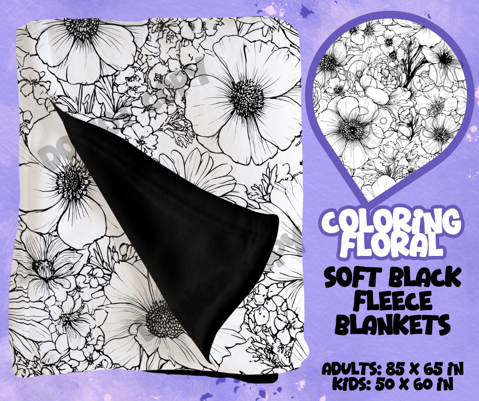 COLORING FLORAL - SOFT BLACK FLEECE THROWS RUN 12-PREORDER CLOSING 9/22