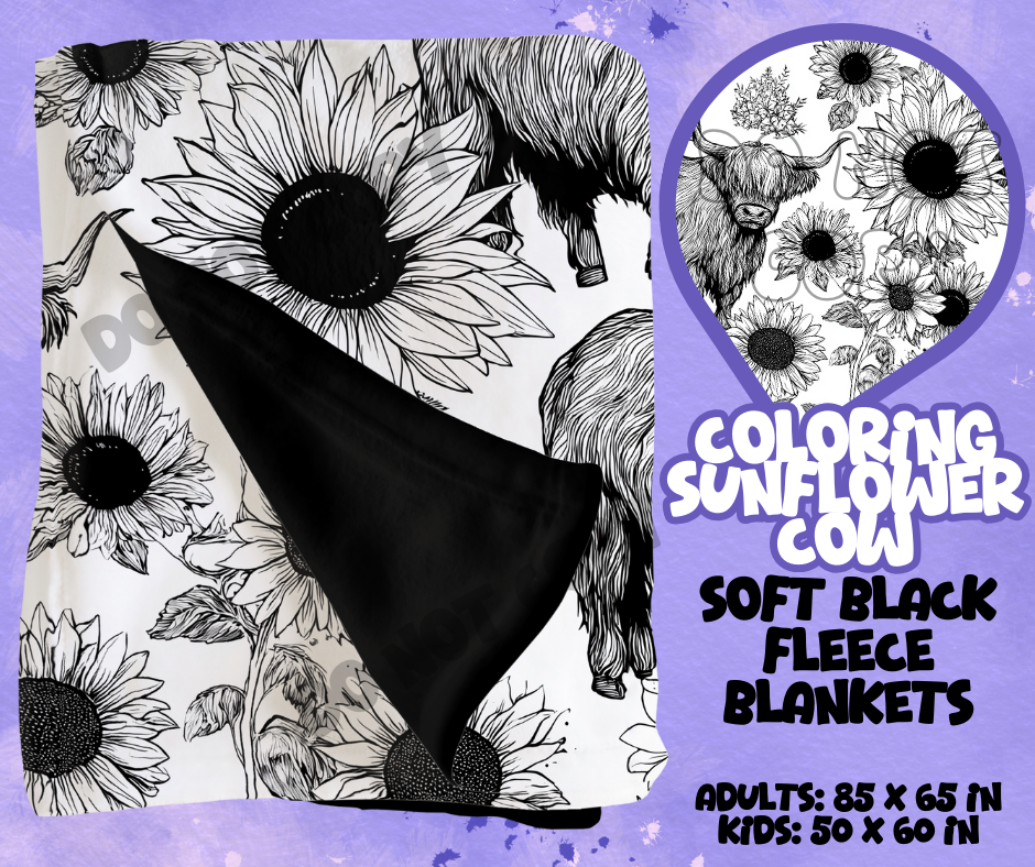 COLORING SUNFLOWER COW - SOFT BLACK FLEECE THROWS RUN 12-PREORDER CLOSING 9/22