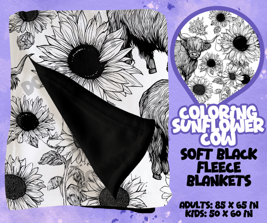 COLORING SUNFLOWER COW - SOFT BLACK FLEECE THROWS RUN 12-PREORDER CLOSING 9/22