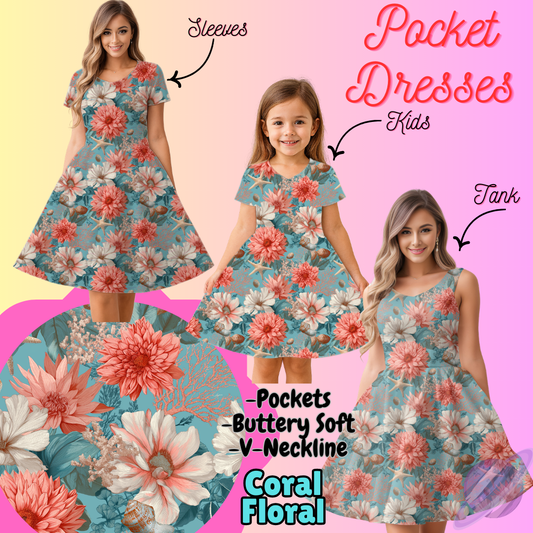 CORAL FLORAL-POCKET DRESS PREORDER-CLOSING 3/16