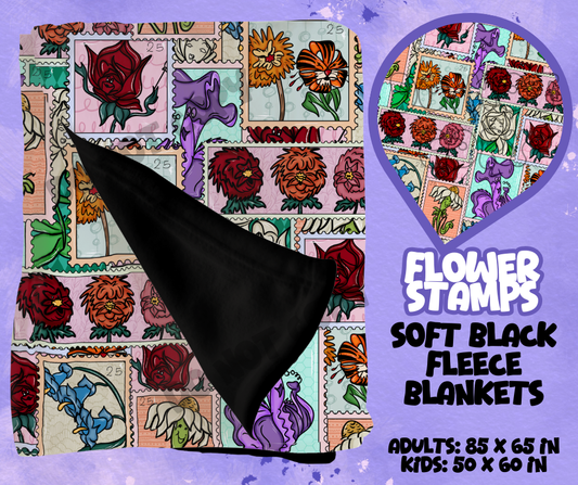 FLOWER STAMPS - SOFT BLACK FLEECE THROWS RUN 12-PREORDER CLOSING 9/22