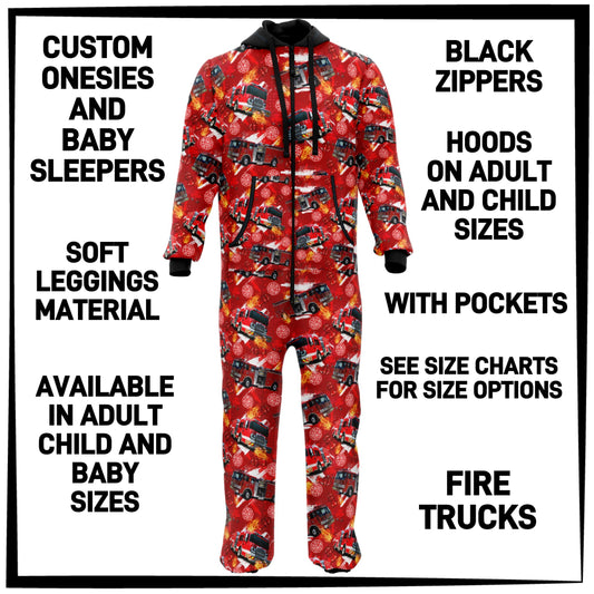 ON1S - Fire Trucks Adult/Child Onesie/Baby Sleeper - Preorder ETA: Early Nov