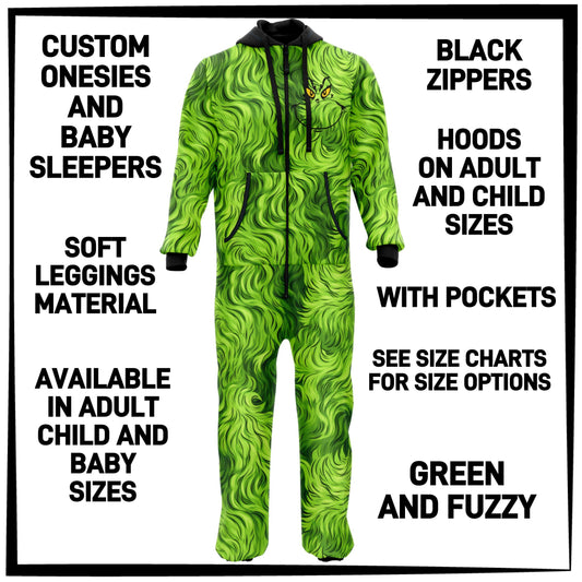 ON1S - Green and Fuzzy Adult/Child Onesie/Baby Sleeper - Preorder ETA: Early Nov