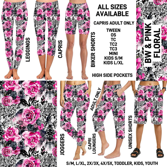 238BT - BW & Pink Floral Biker/Capris/Leggings with High Side Pockets - Preorder ETA: Late Feb