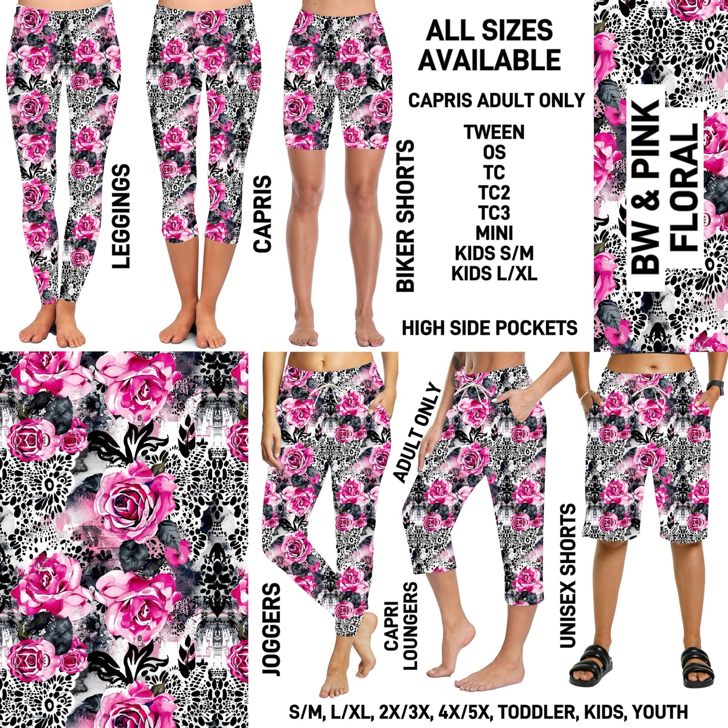 238BT - BW & Pink Floral Full Joggers/Capri Loungers/Unisex Shorts - Preorder ETA: Late Feb