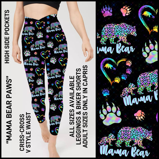 CR1V - Mama Bear Paws Criss Cross V-Waist Biker/Capris/Leggings with High Side Pockets - Preorder ETA: Late Dec