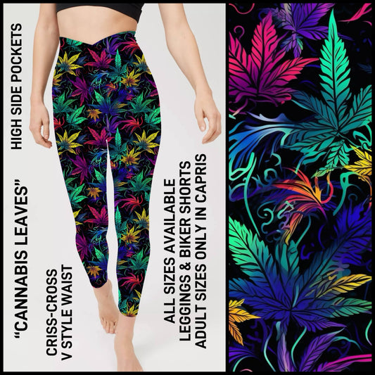 CR1V - Cannabis Leaves Criss Cross V-Waist Biker/Capris/Leggings with High Side Pockets - Preorder ETA: Late Dec