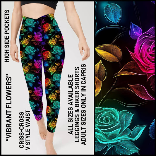 CR1V - Vibrant Flowers Criss Cross V-Waist Biker/Capris/Leggings with High Side Pockets - Preorder ETA: Late Dec