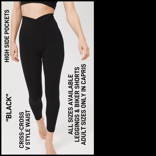 CR1V - Black Criss Cross V-Waist Biker/Capris/Leggings with High Side Pockets - Preorder ETA: Late Dec