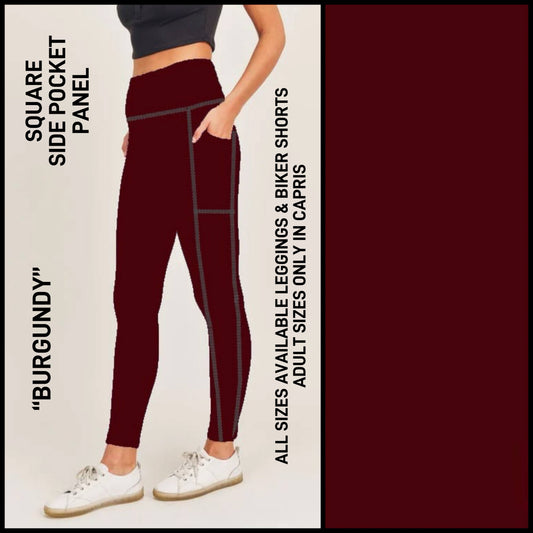 SQ1P - Burgundy Biker/Capris/Leggings with Square Side Pocket Panel - Preorder ETA: Late Dec