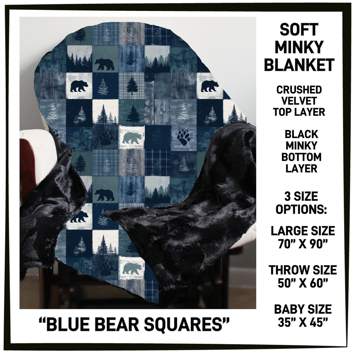 AU1M - Blue Bear Squares Minky Blanket - Preorder Closing 9/2 ETA: Late Oct