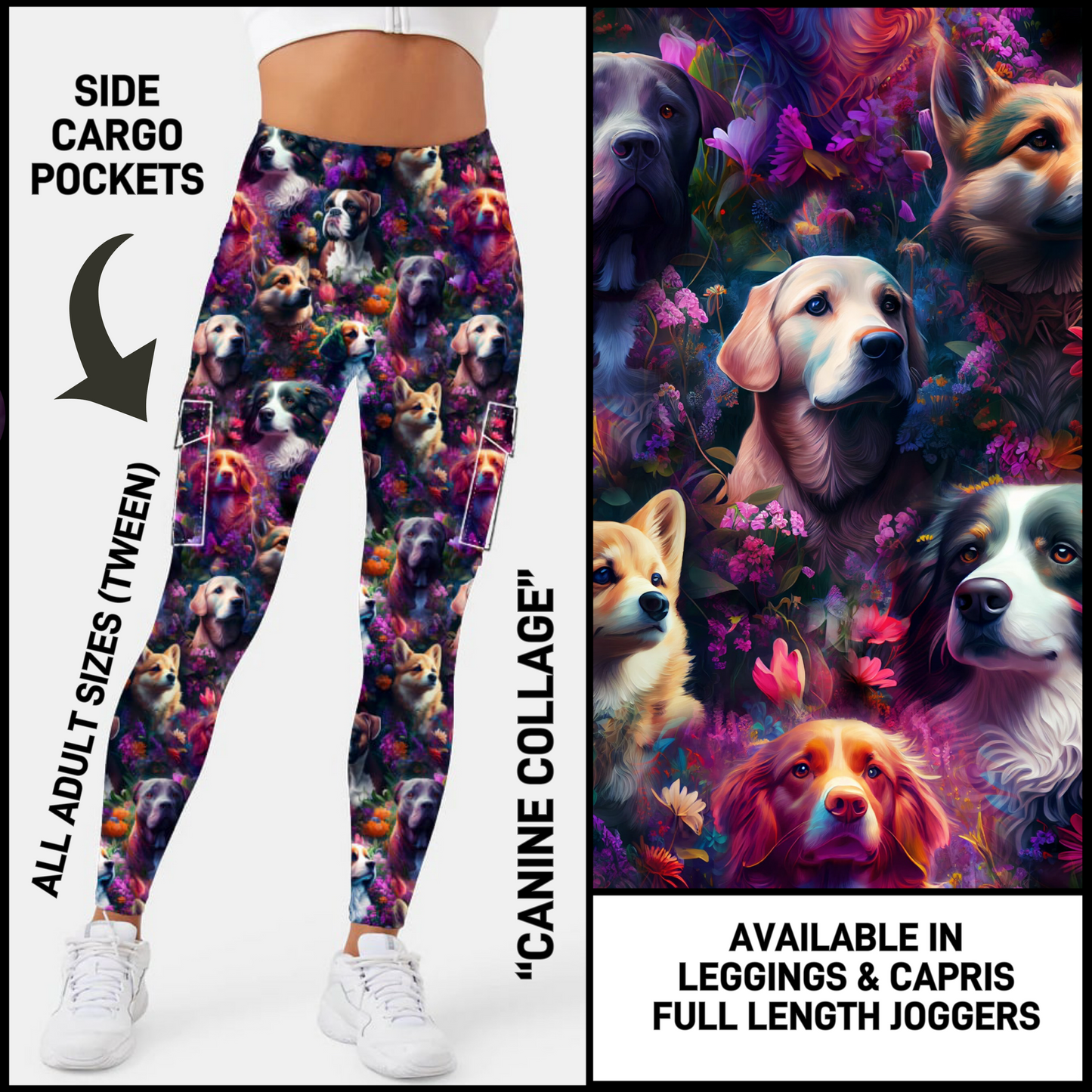 CP3B - Canine Collage Capris/Leggings/Unisex Joggers with Cargo Pockets - Preorder Closing 5/31 ETA: Early July