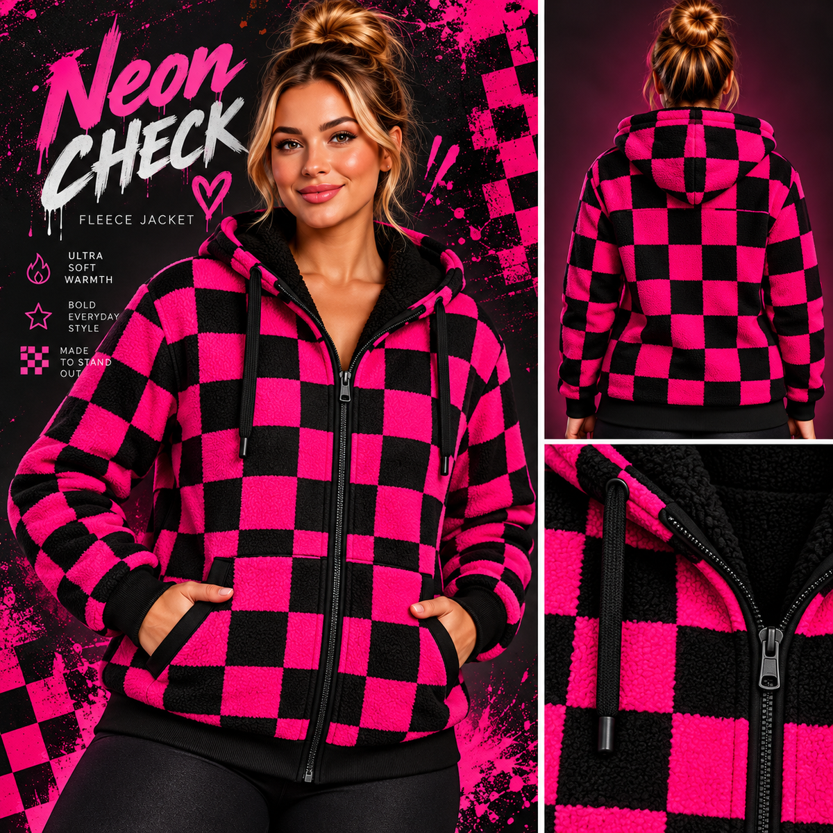 Neon Checkerboard-FLEECE LINED HOODED JACKET-PREORDER CLOSING 11/9