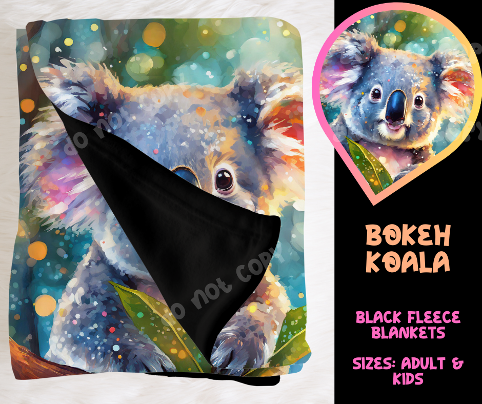 BOKEH KOALA - SOFT BLACK FLEECE THROW BLANKETS RUN 4- PREORDER CLOSING 4/9