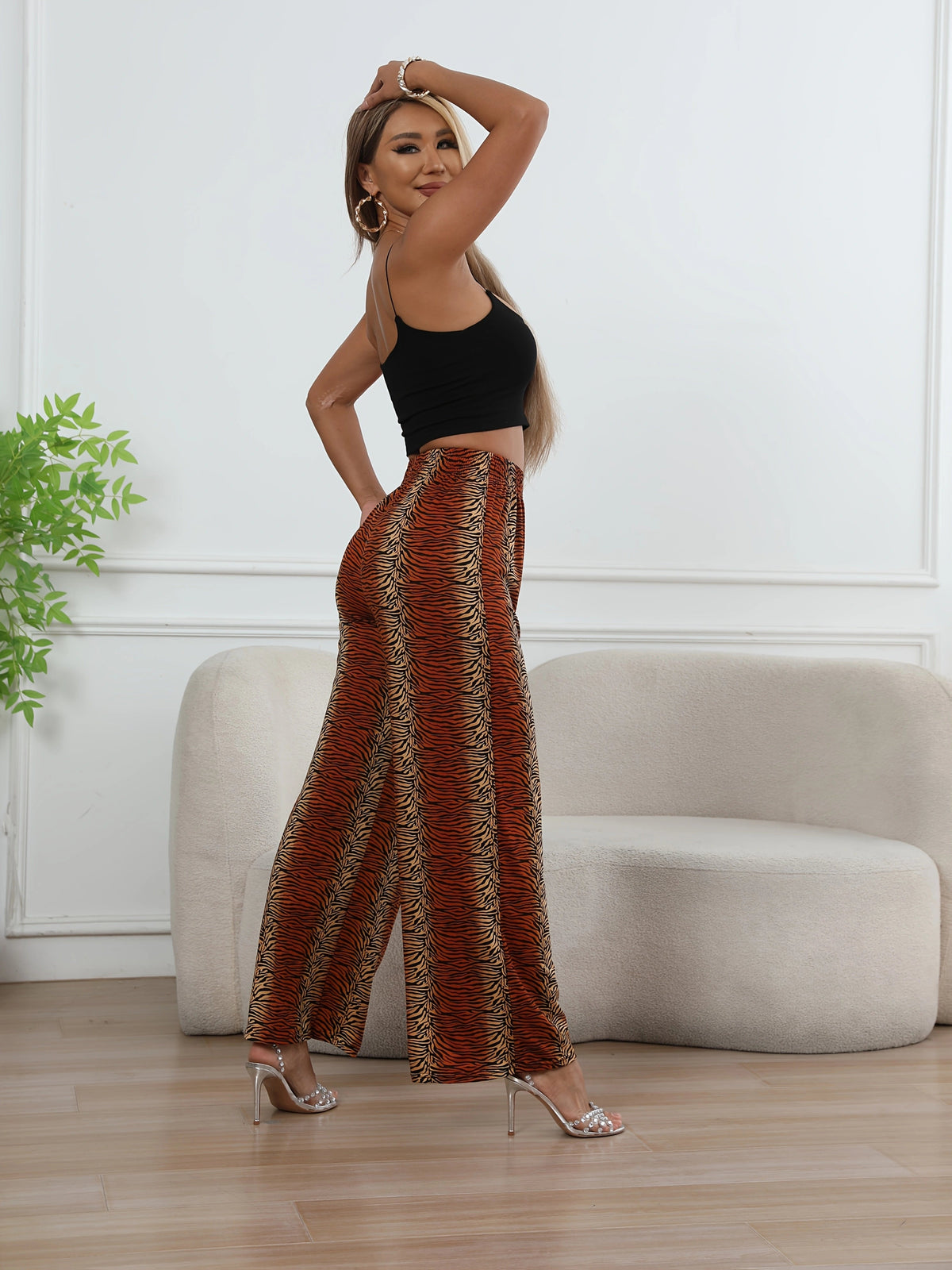 Leopard Print Wide Leg Pants – High-Waisted Stretch