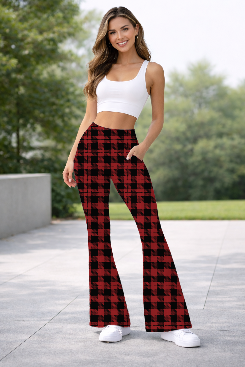 RED PLAID-HOLIDAY RUN-YOGA FLARE PANTS-PREORDER DUE 9/18