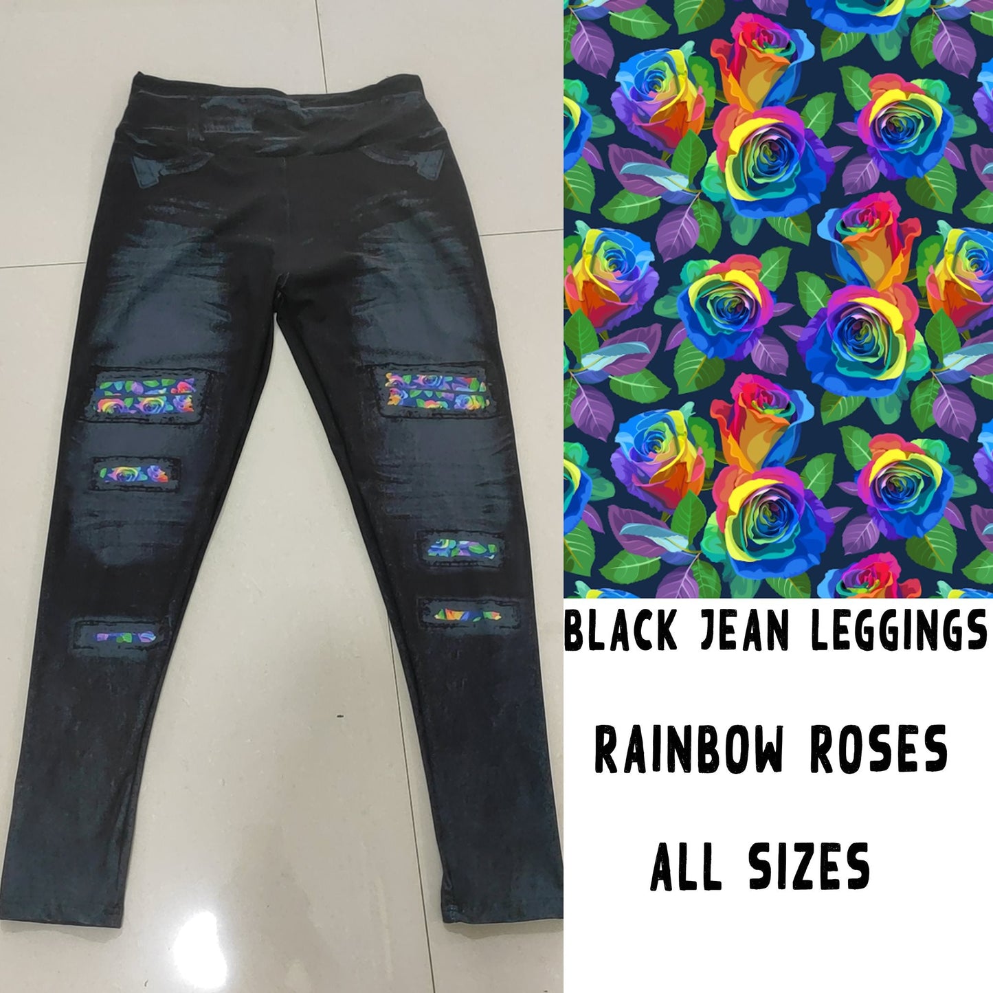 LEGGING JEAN RUN-RAINBOW ROSES (ACTIVE BACK POCKETS)